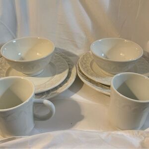 Set PIER 1 BASKET RELIEF Pattern Dinner  Salad Plate Bowls Mugs Service for 2